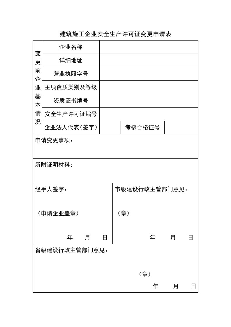 建筑施工企业安全生产许可证变更申请表