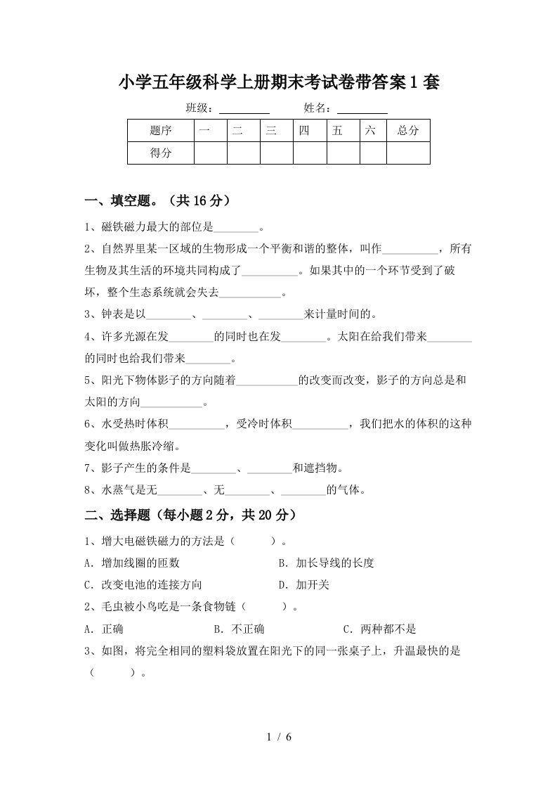 小学五年级科学上册期末考试卷带答案1套