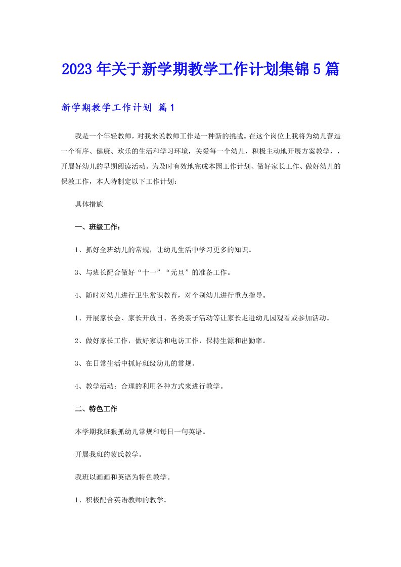 关于新学期教学工作计划集锦5篇