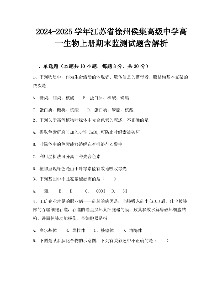 2024-2025学年江苏省徐州侯集高级中学高一生物上册期末监测试题含解析