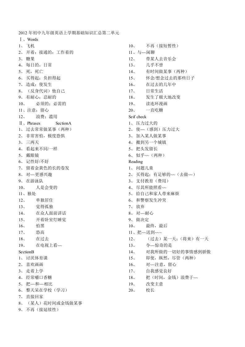 2012年初中九年级英语上学期基础知识汇总第二单元