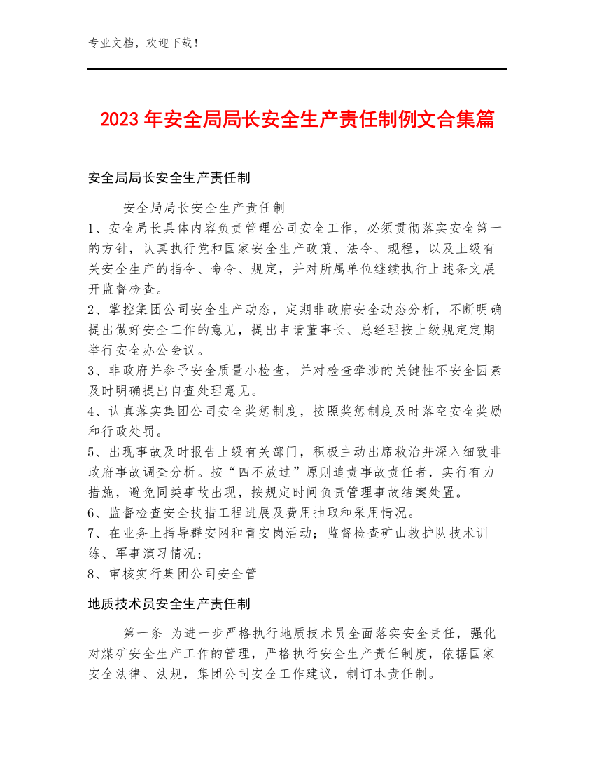 2023年安全局局长安全生产责任制例文合集篇