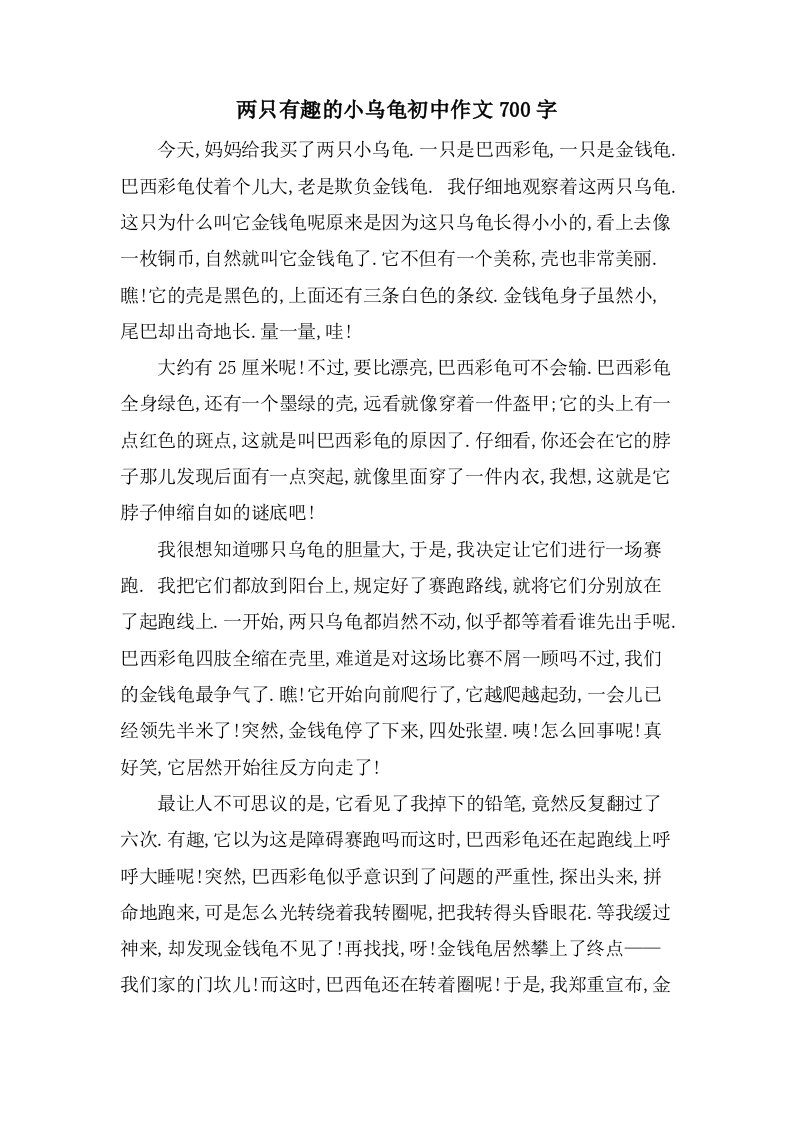 两只有趣的小乌龟初中作文700字