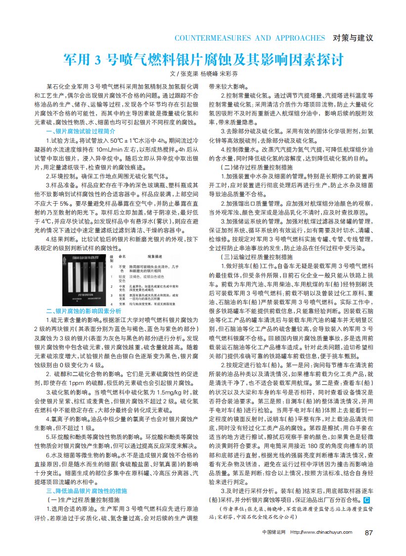 军用3号喷气燃料银片腐蚀及其影响因素探讨