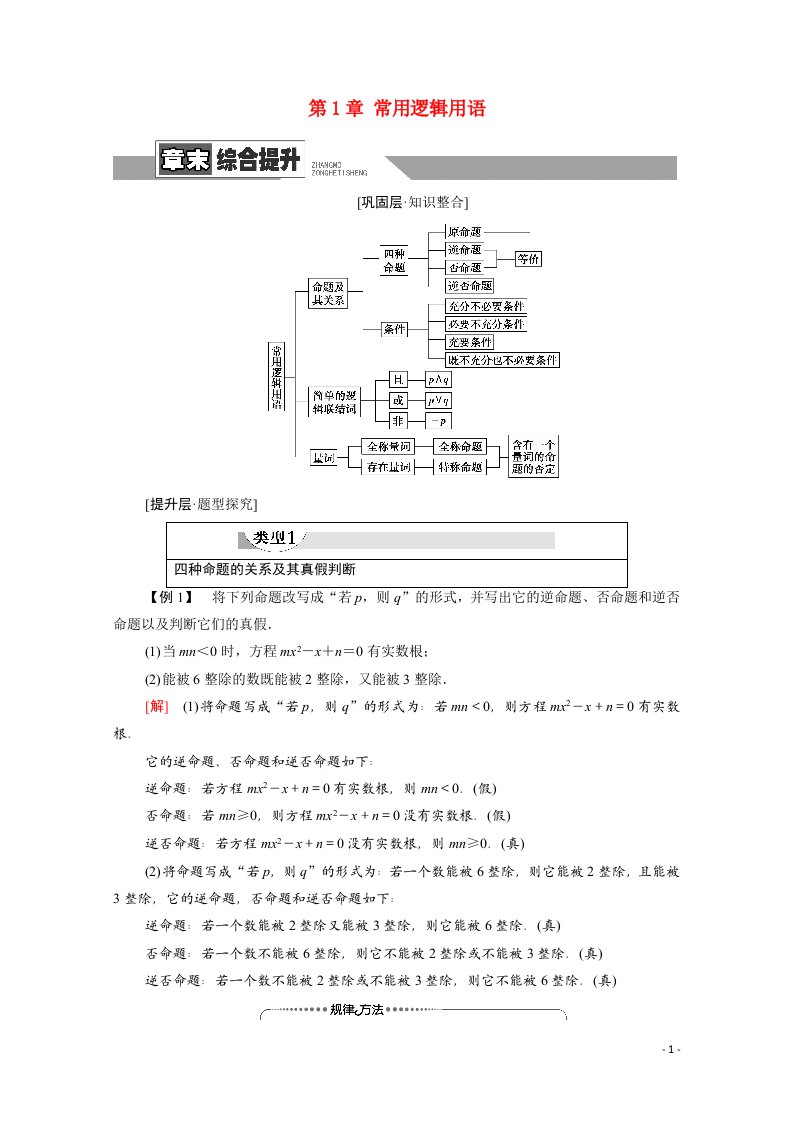 2021_2022学年高中数学第1章常用逻辑用语章末综合提升学案含解析新人教A版选修2_1