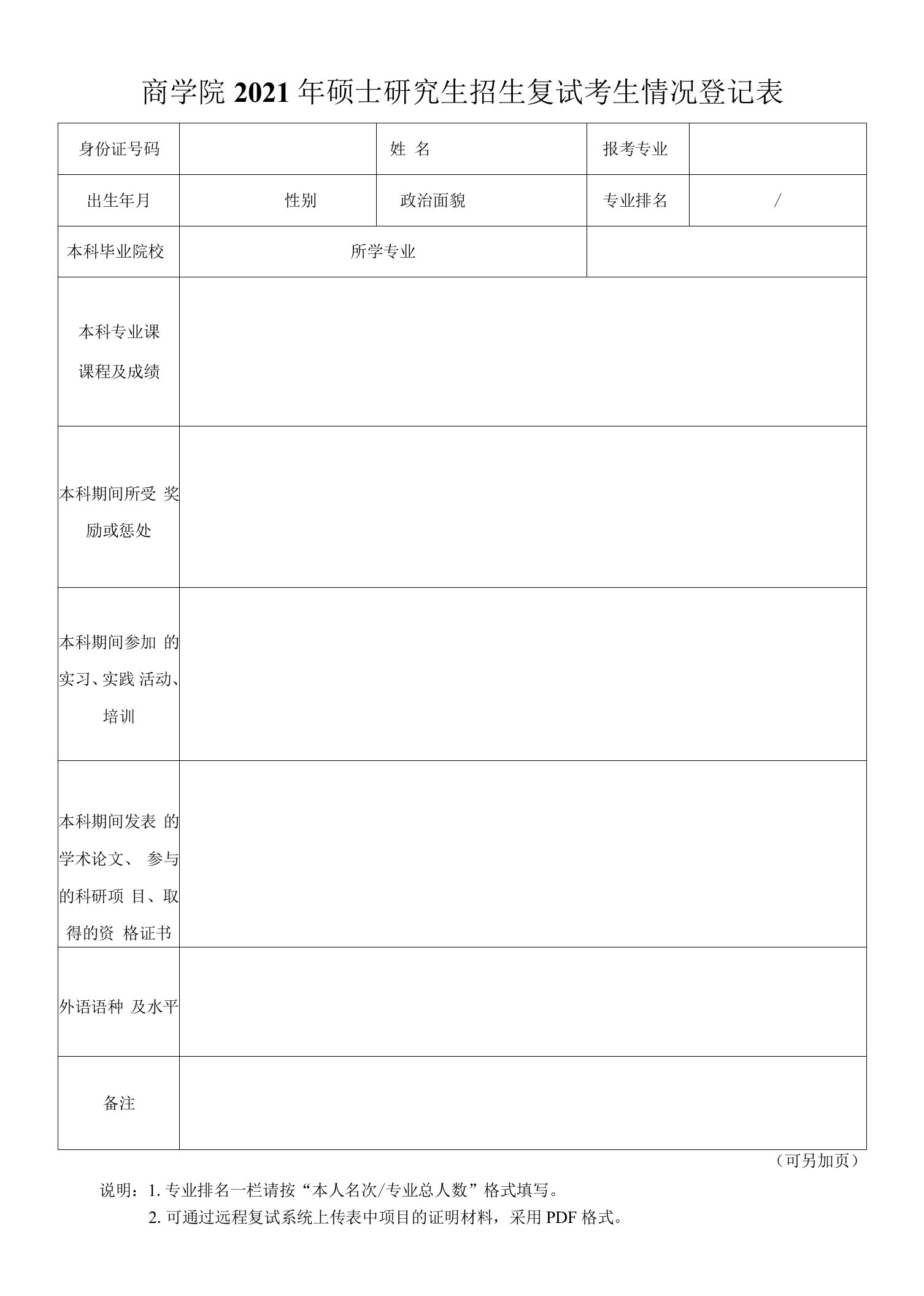 商学院2021年硕士研究生招生复试考生情况登记表