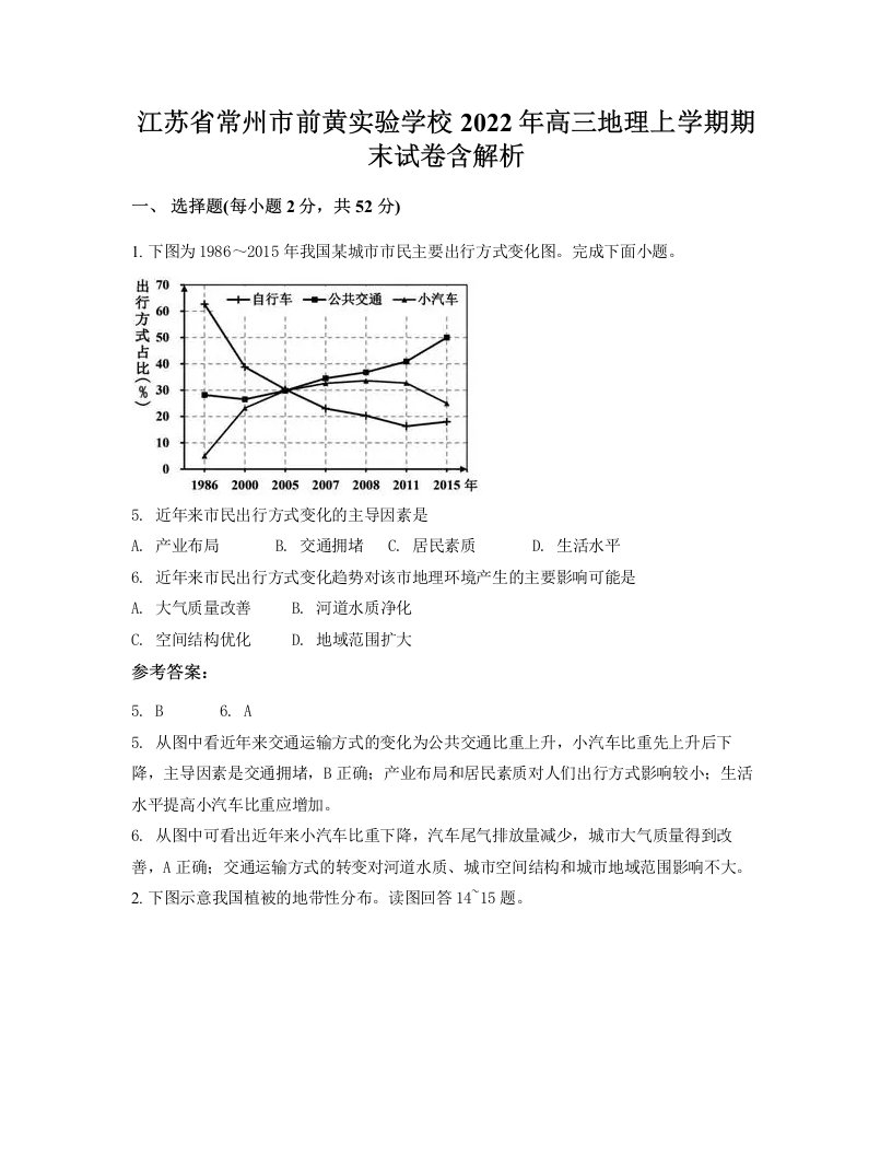 江苏省常州市前黄实验学校2022年高三地理上学期期末试卷含解析