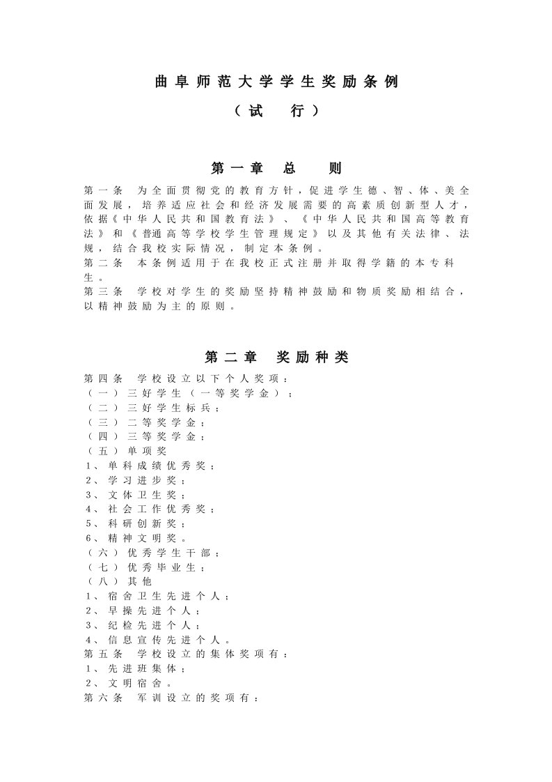 曲阜师范大学学生奖励条例