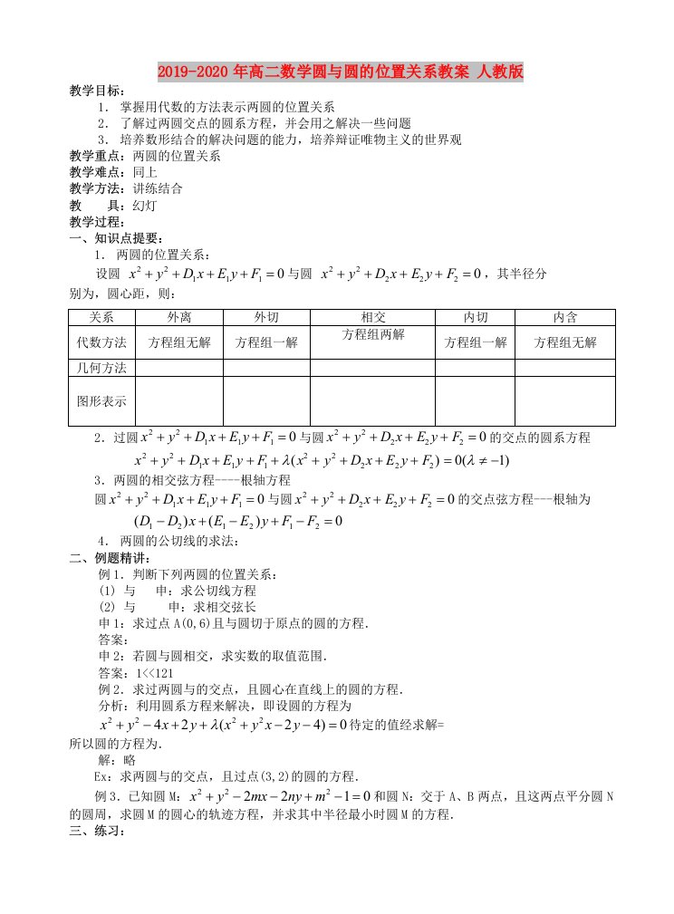 2019-2020年高二数学圆与圆的位置关系教案