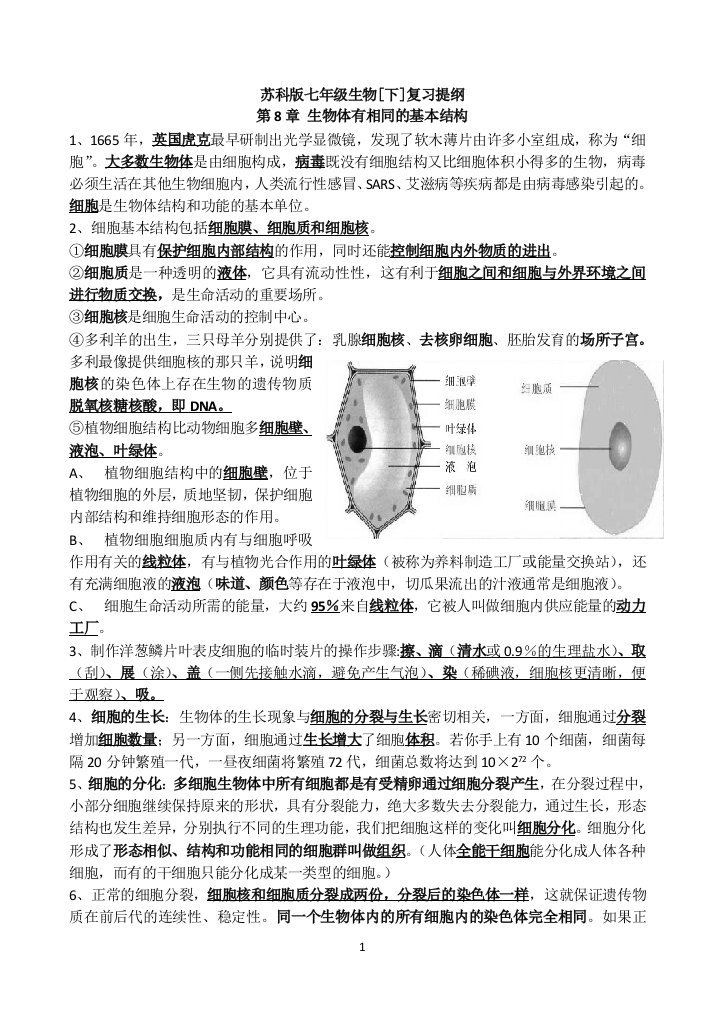 七年级下册苏科新版生物复习提纲