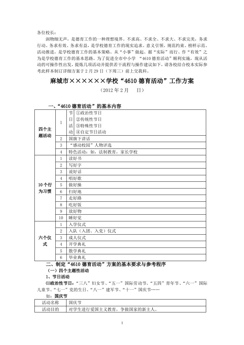 麻城市中小学“4610德育活动”工作方案(参考样本)