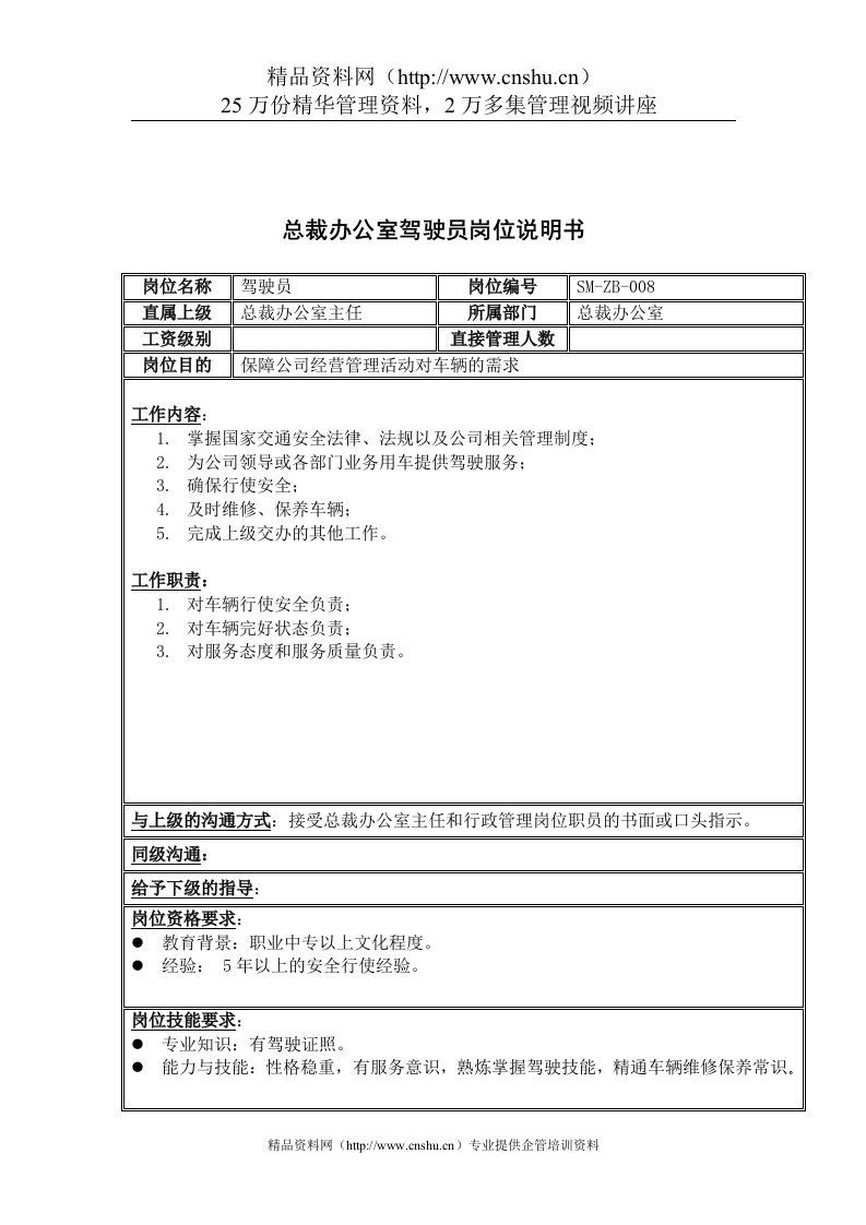 三木集团总裁办公室驾驶员岗位说明书