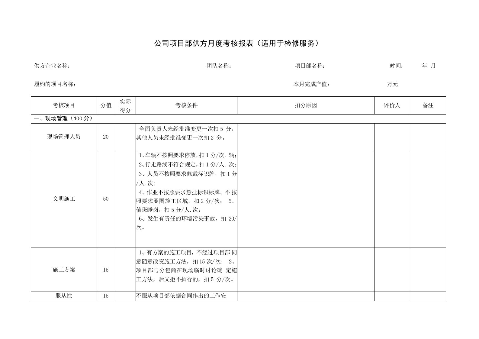 服务分包商月度考核表