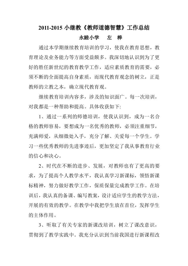 教师个人继续教育道德智慧工作总结11