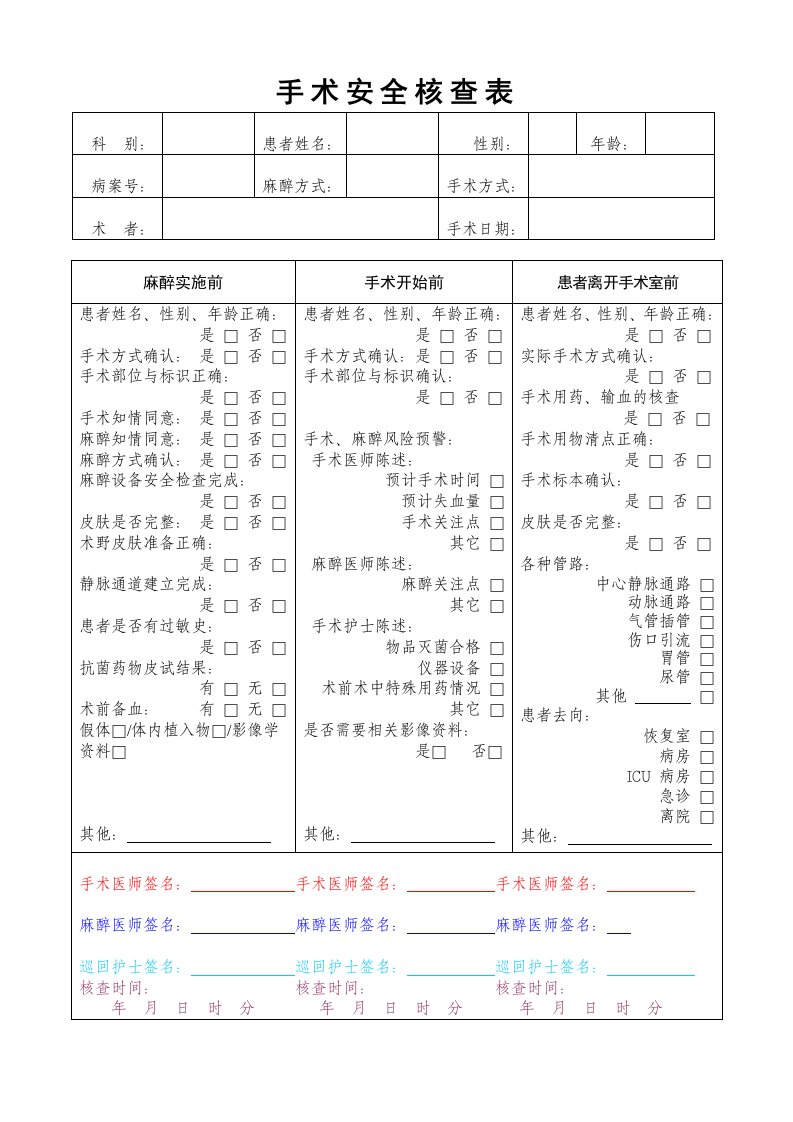 手术安全核查表(最新)