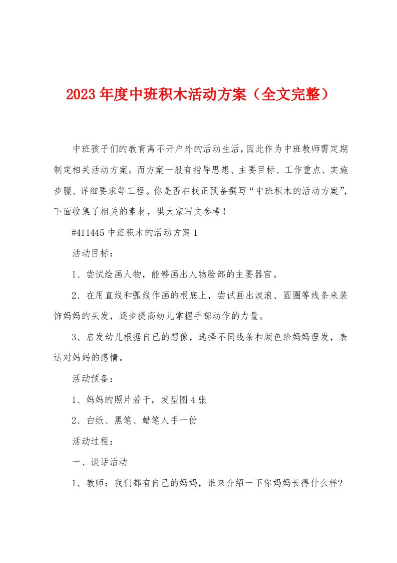 2023年度中班积木活动方案