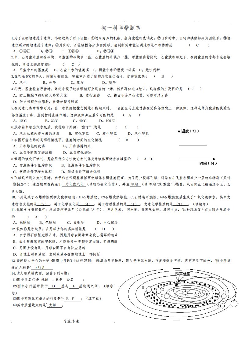 初一人教版科学练习题(有答案)