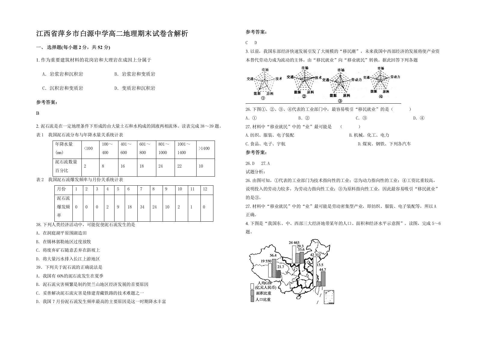 江西省萍乡市白源中学高二地理期末试卷含解析