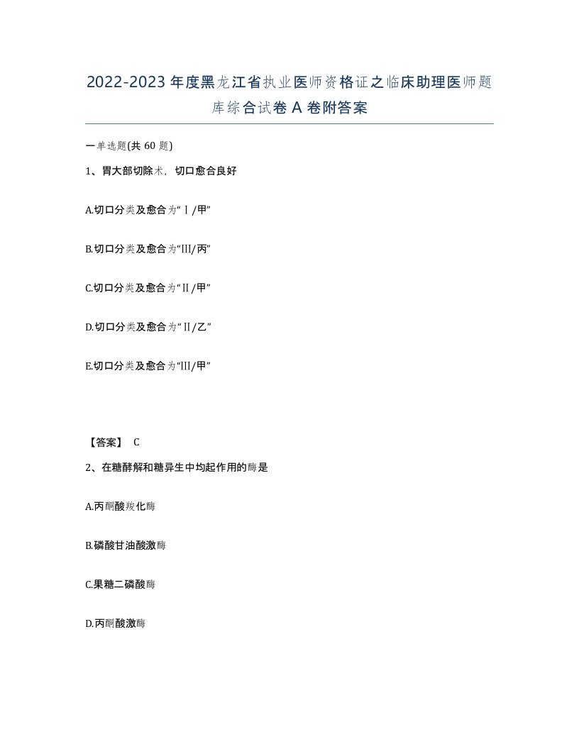 2022-2023年度黑龙江省执业医师资格证之临床助理医师题库综合试卷A卷附答案