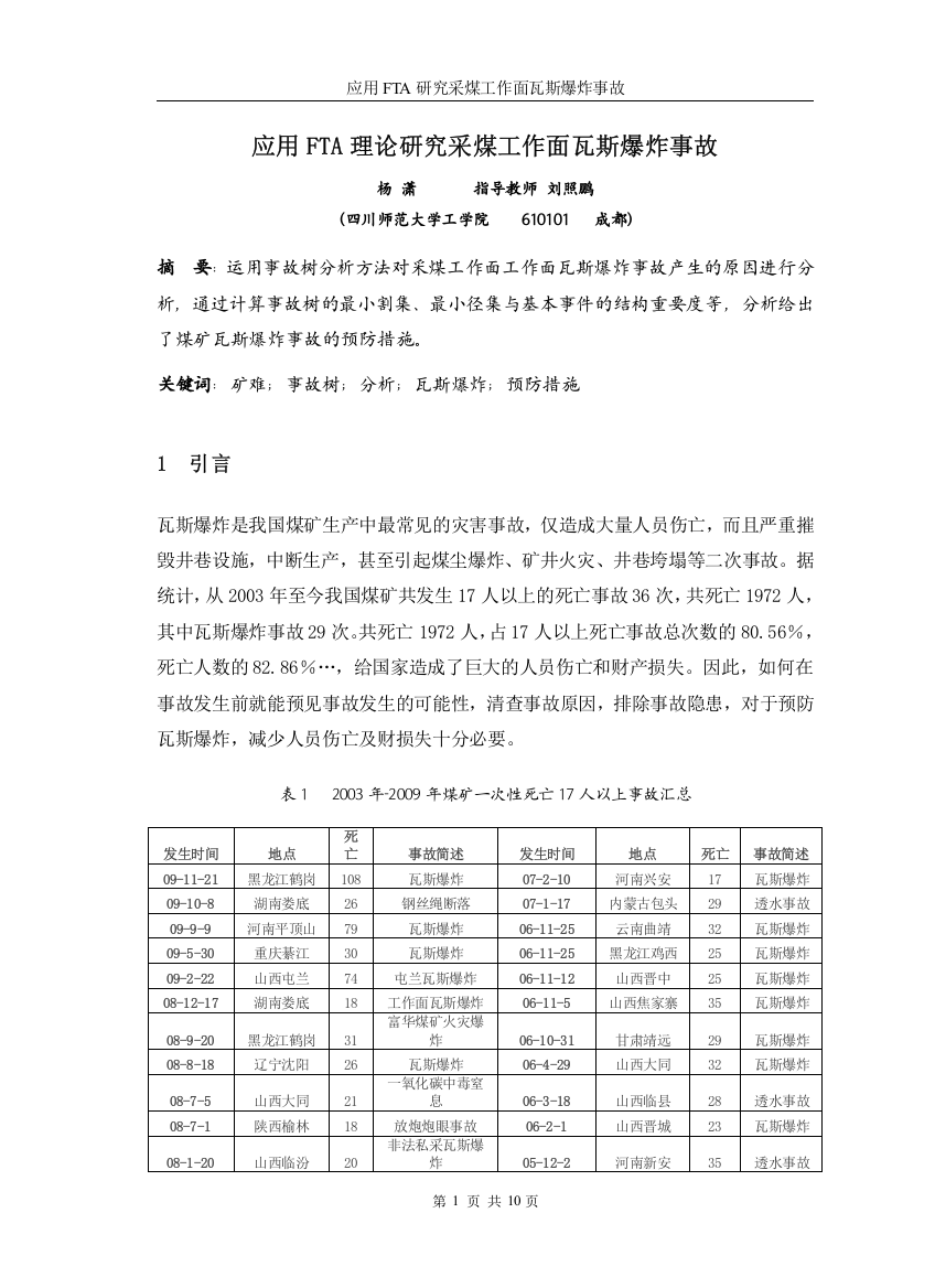 应用FTA研究采煤工作面瓦斯爆炸事故