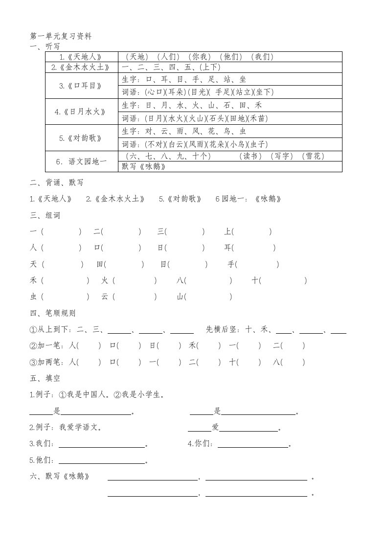 部编小学语文一年级上册单元总复习资料全册