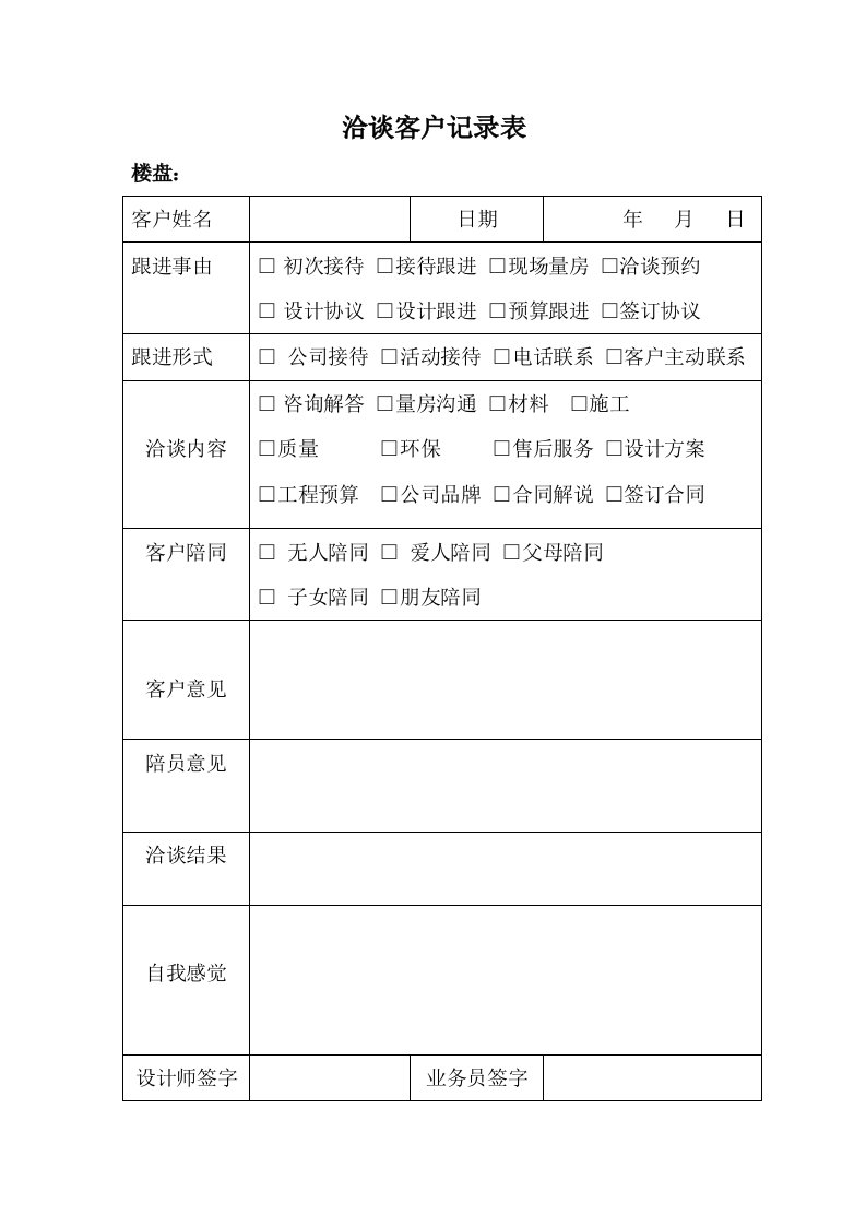 家装设计师洽谈客户记录表