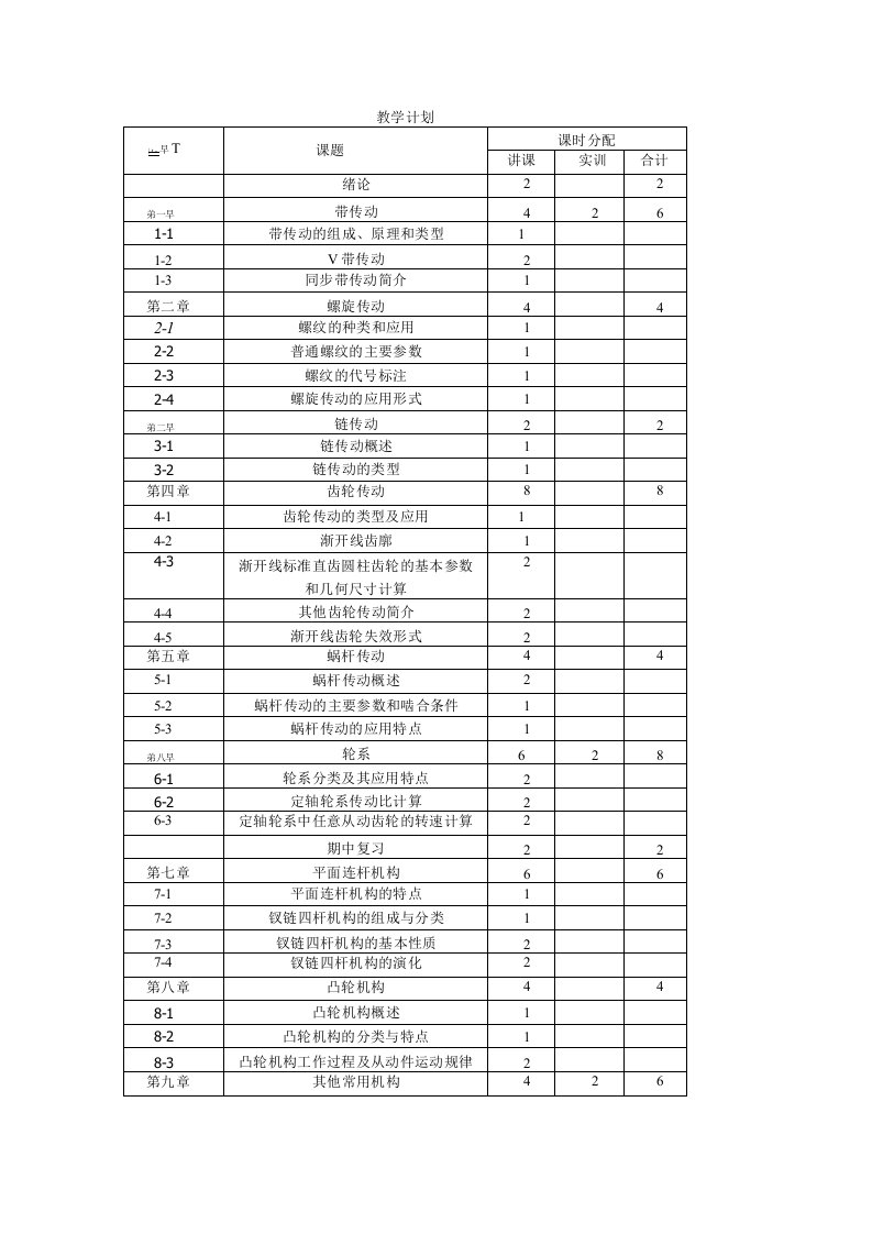 机械基础教学计划