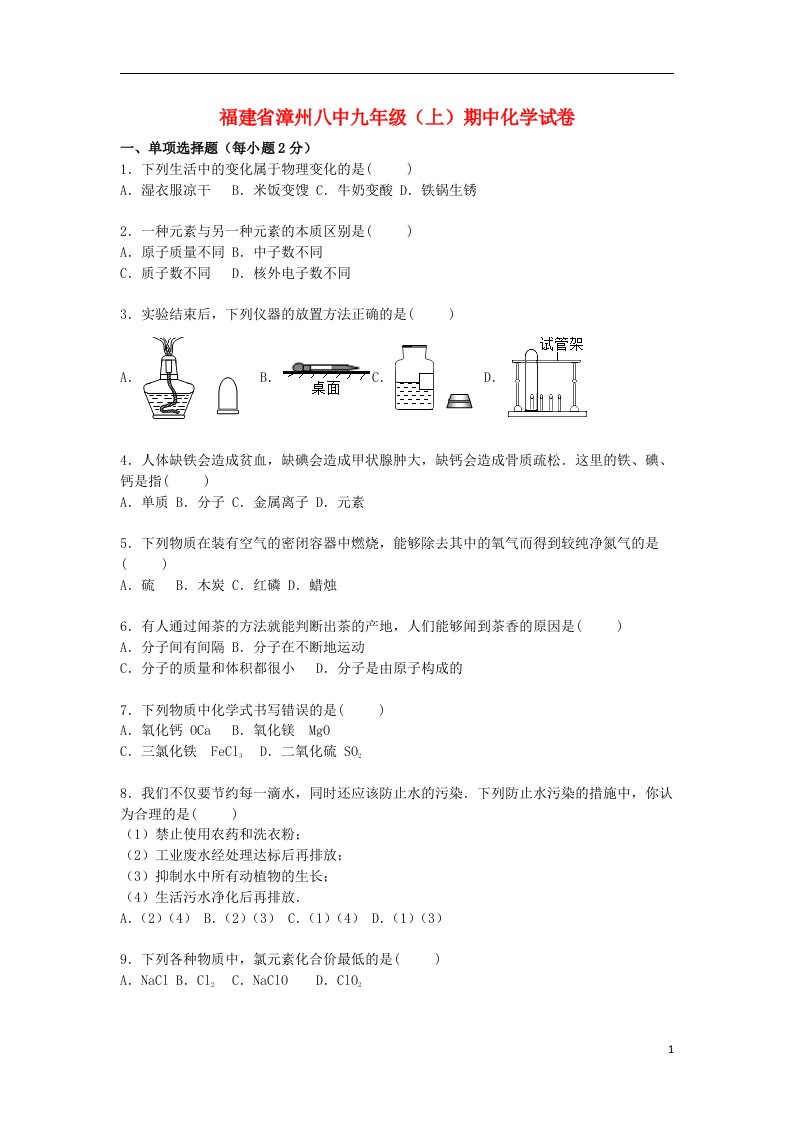 福建省漳州八中九级化学上学期期中试题（含解析）