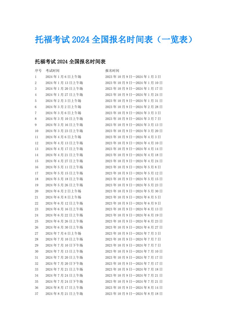 托福考试2024全国报名时间表（一览表）