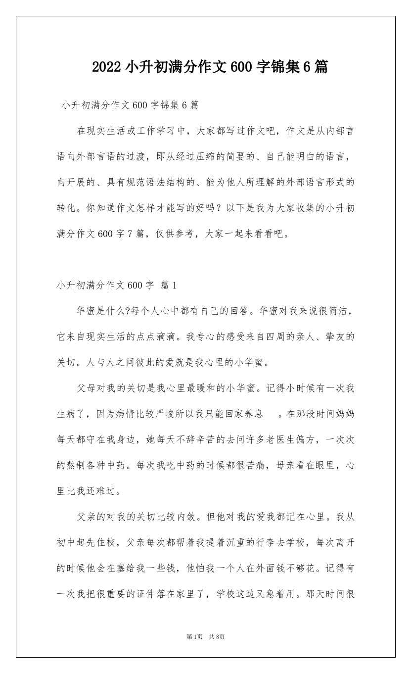 2022小升初满分作文600字锦集6篇