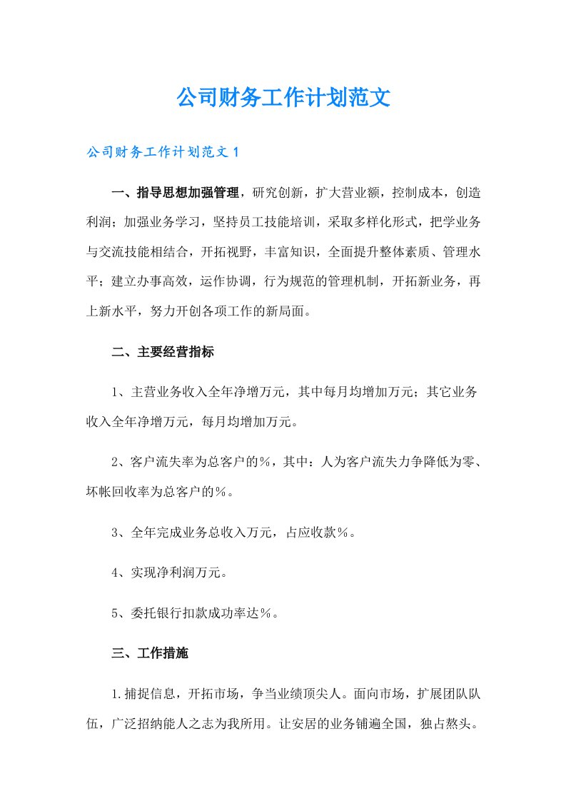 公司财务工作计划范文