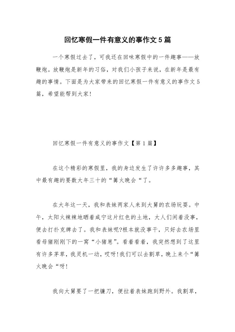 回忆寒假一件有意义的事作文5篇