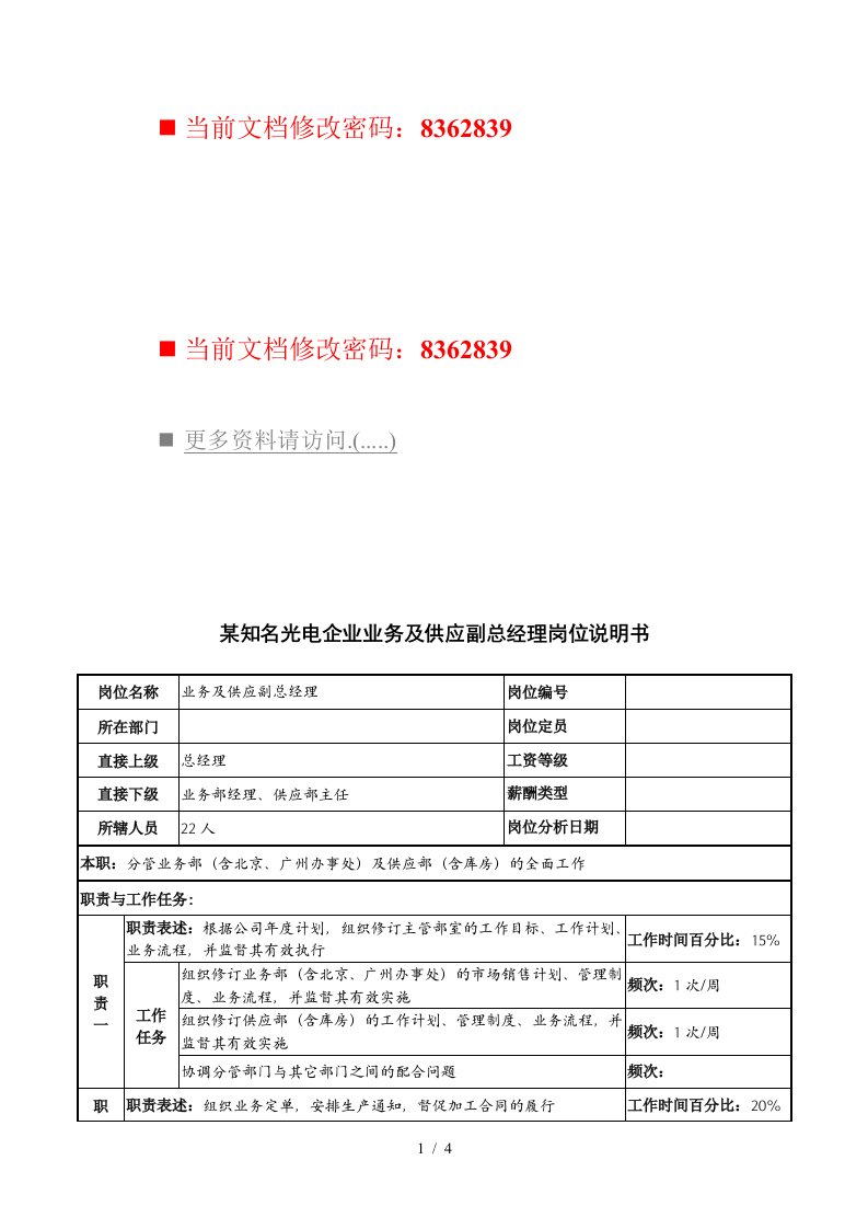 光电企业业务及供应副总经理岗位职责