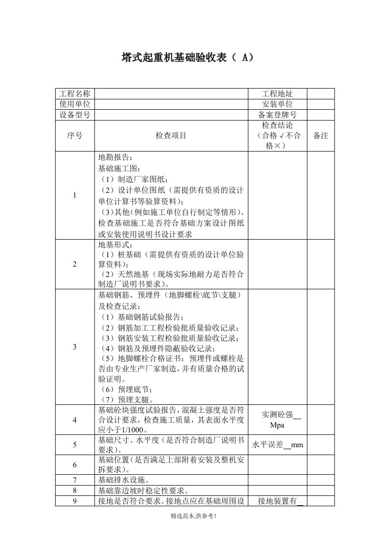 塔式起重机基础验收表