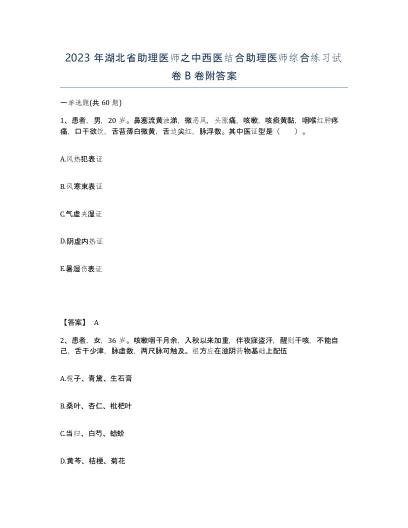 2023年湖北省助理医师之中西医结合助理医师综合练习试卷B卷附答案