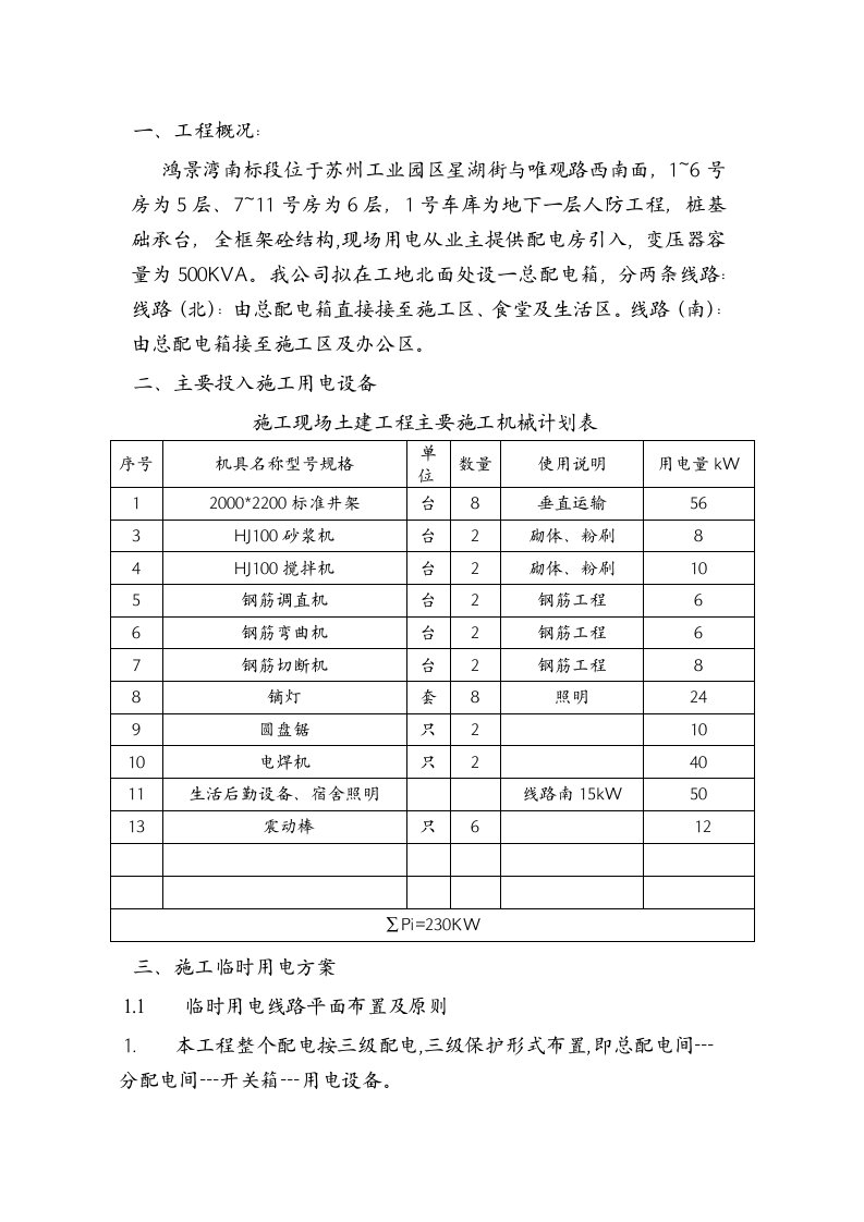 地下一层人防工程桩基础承台全框架砼结构临时用电方案