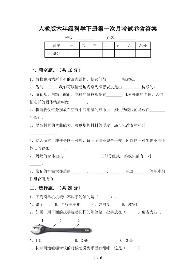 人教版六年级科学下册第一次月考试卷含答案