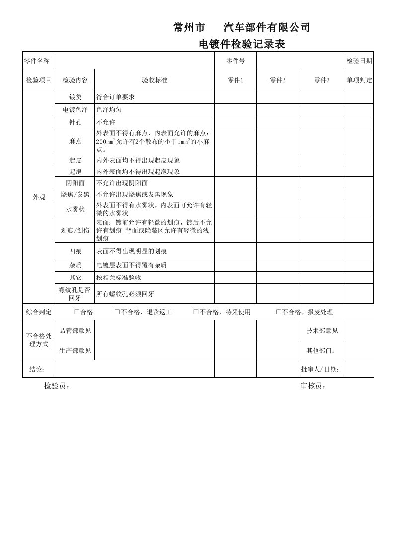 电镀件检验记录表