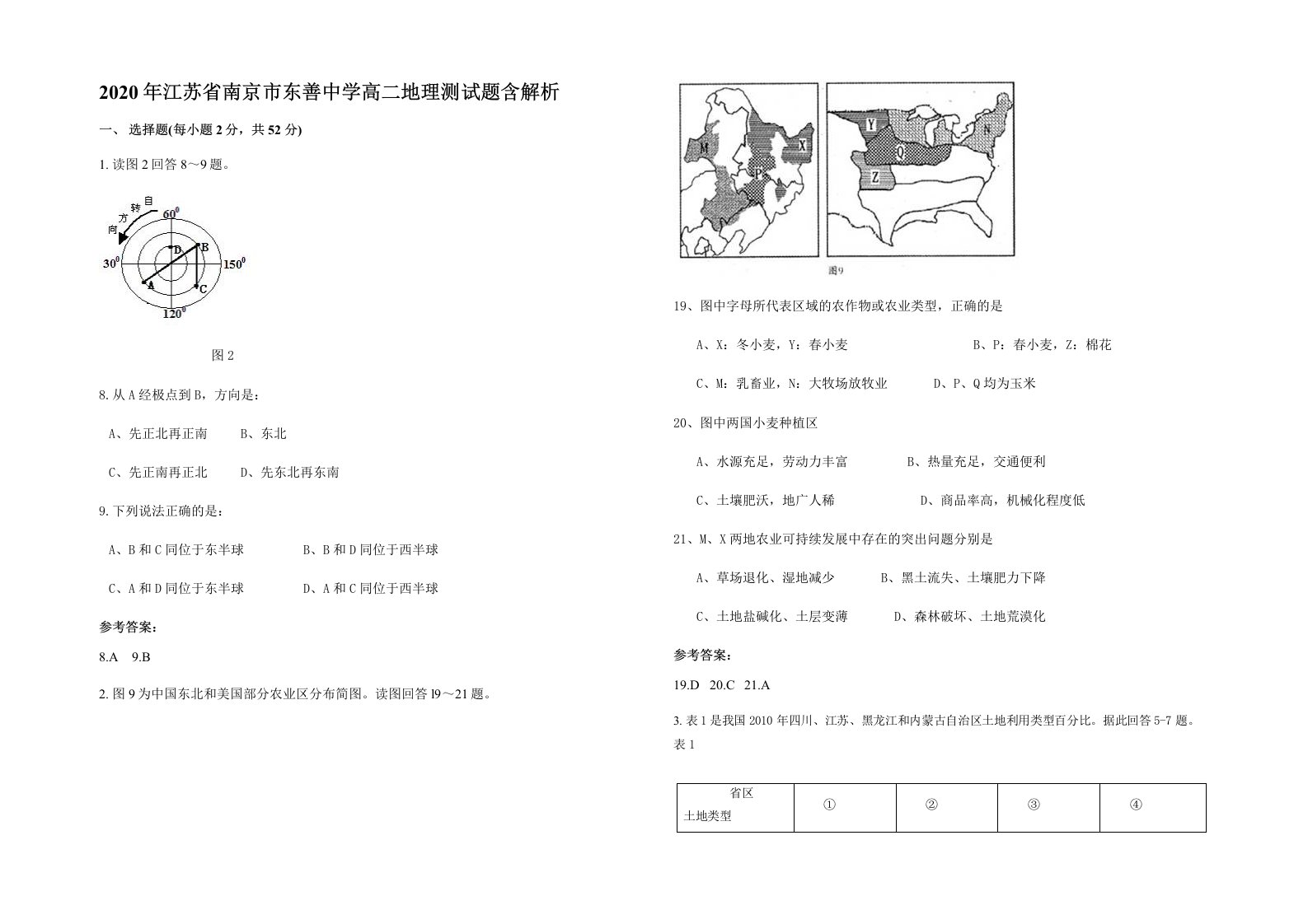 2020年江苏省南京市东善中学高二地理测试题含解析