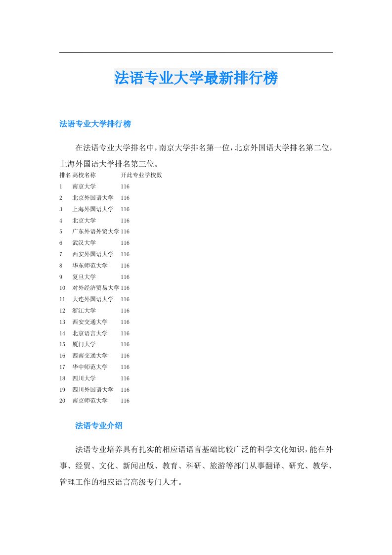 法语专业大学最新排行榜