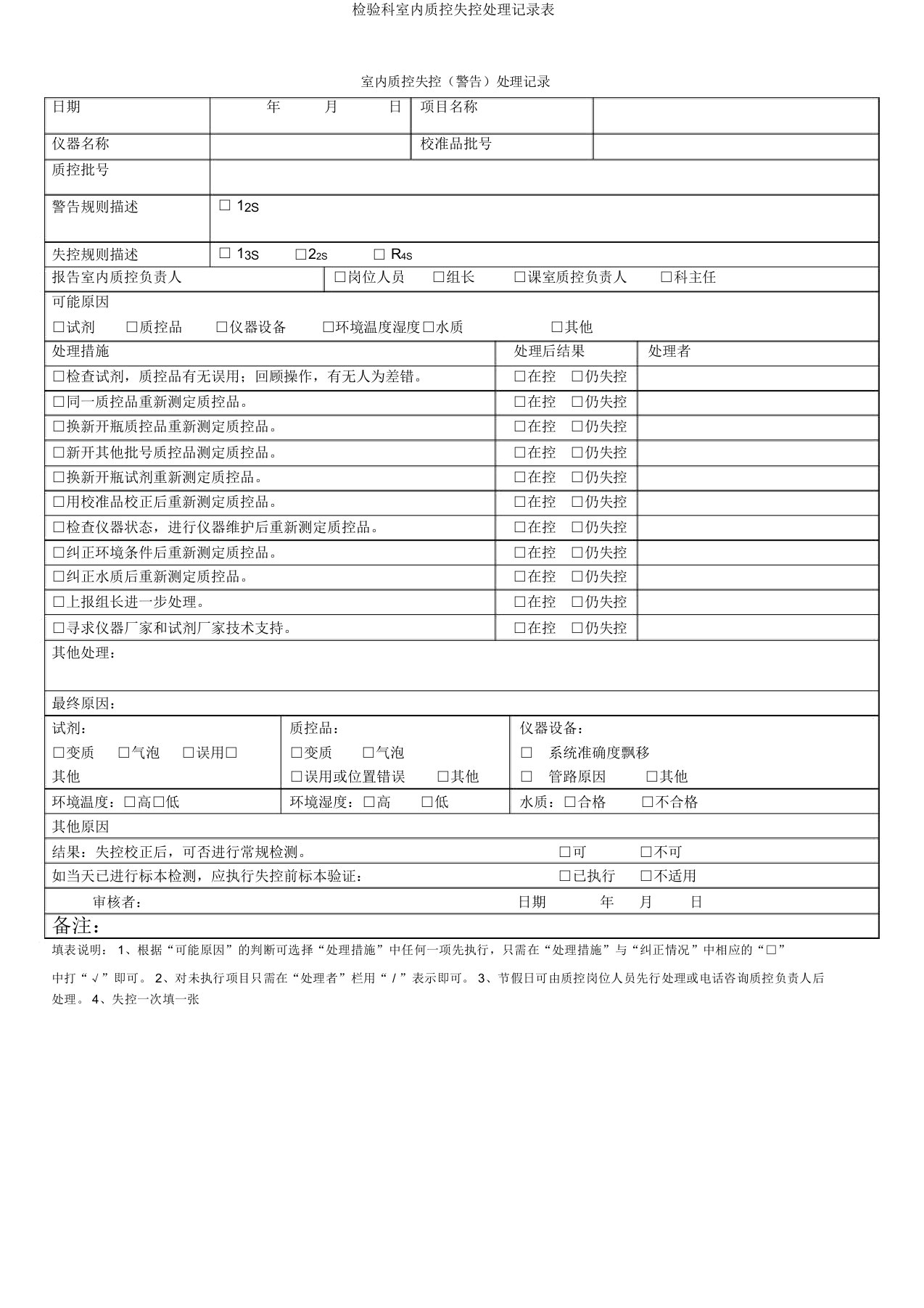 检验科室内质控失控处理记录表