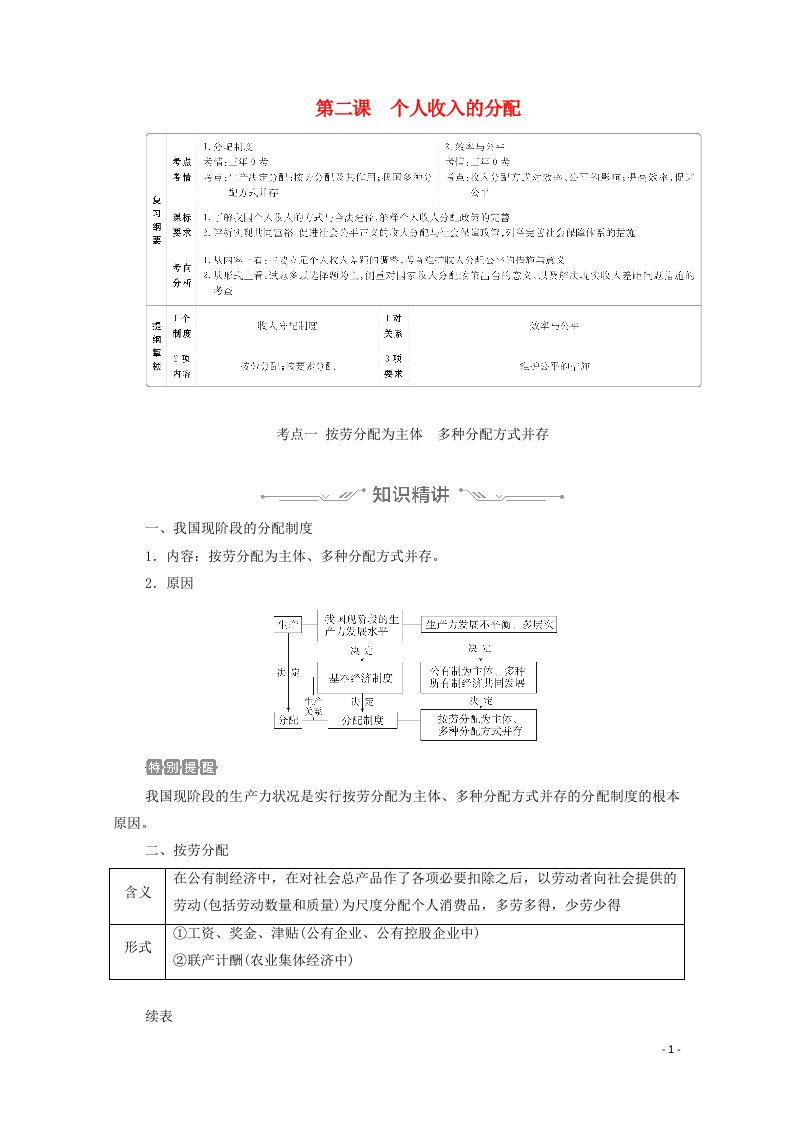 2021年高考政治一轮复习第一部分经济生活第一单元第二课个人收入的分配学案