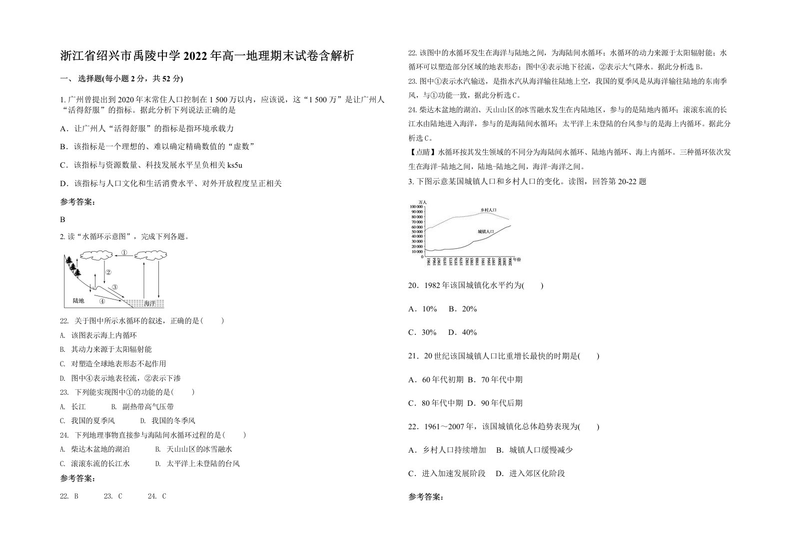 浙江省绍兴市禹陵中学2022年高一地理期末试卷含解析