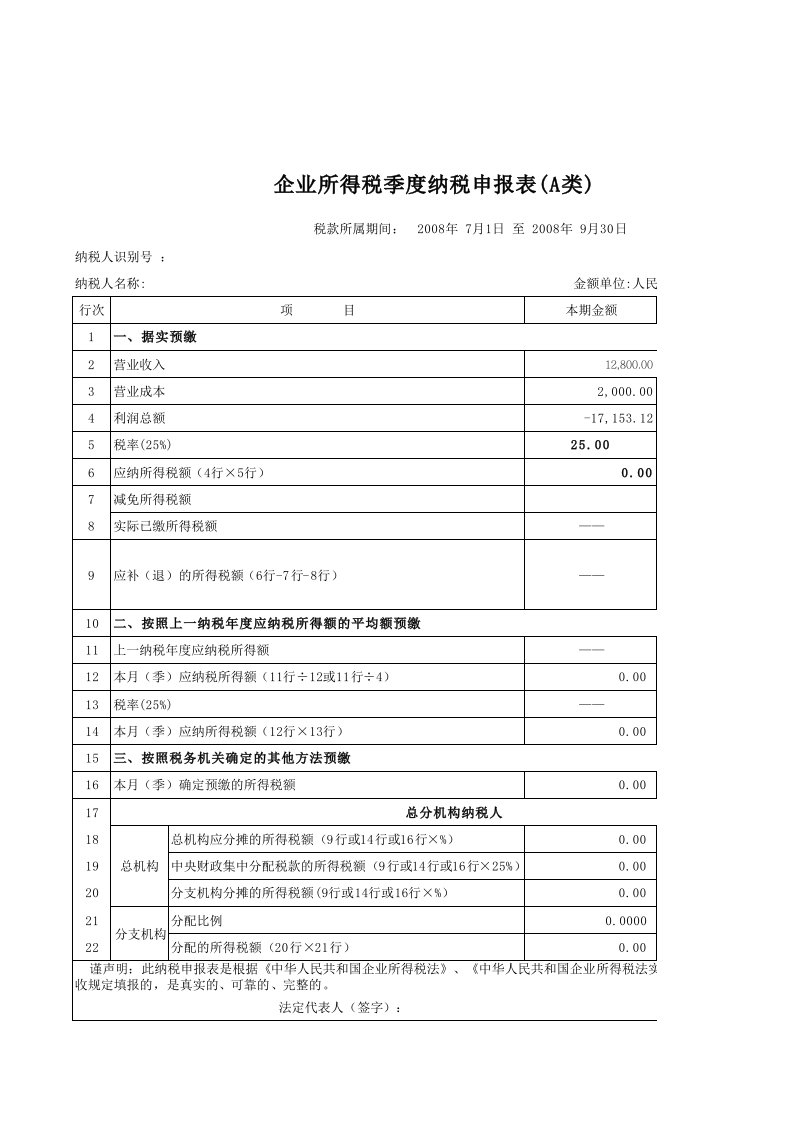 企业所得税纳税申报表A类1