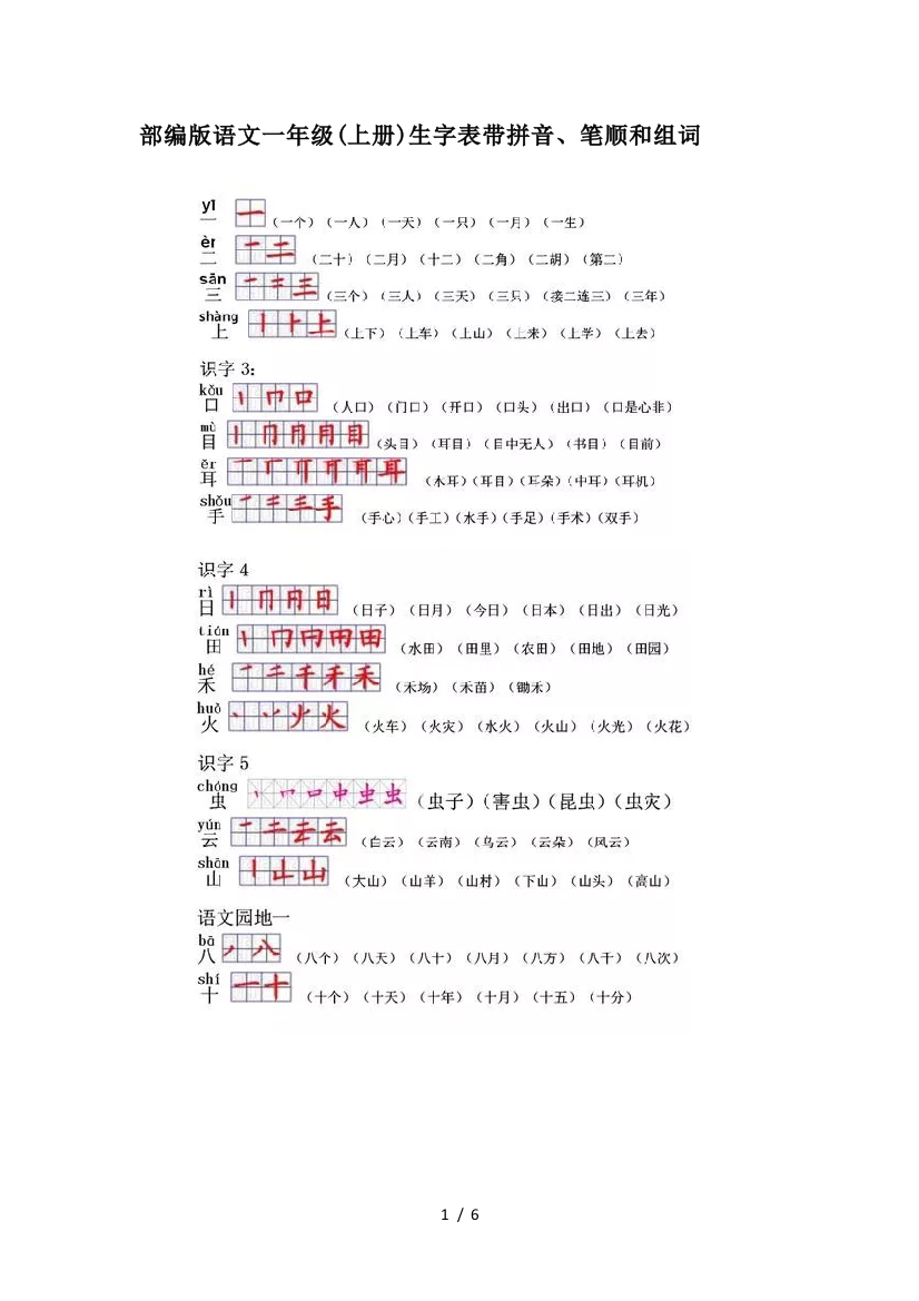 部编版语文一年级(上册)生字表带拼音、笔顺和组词