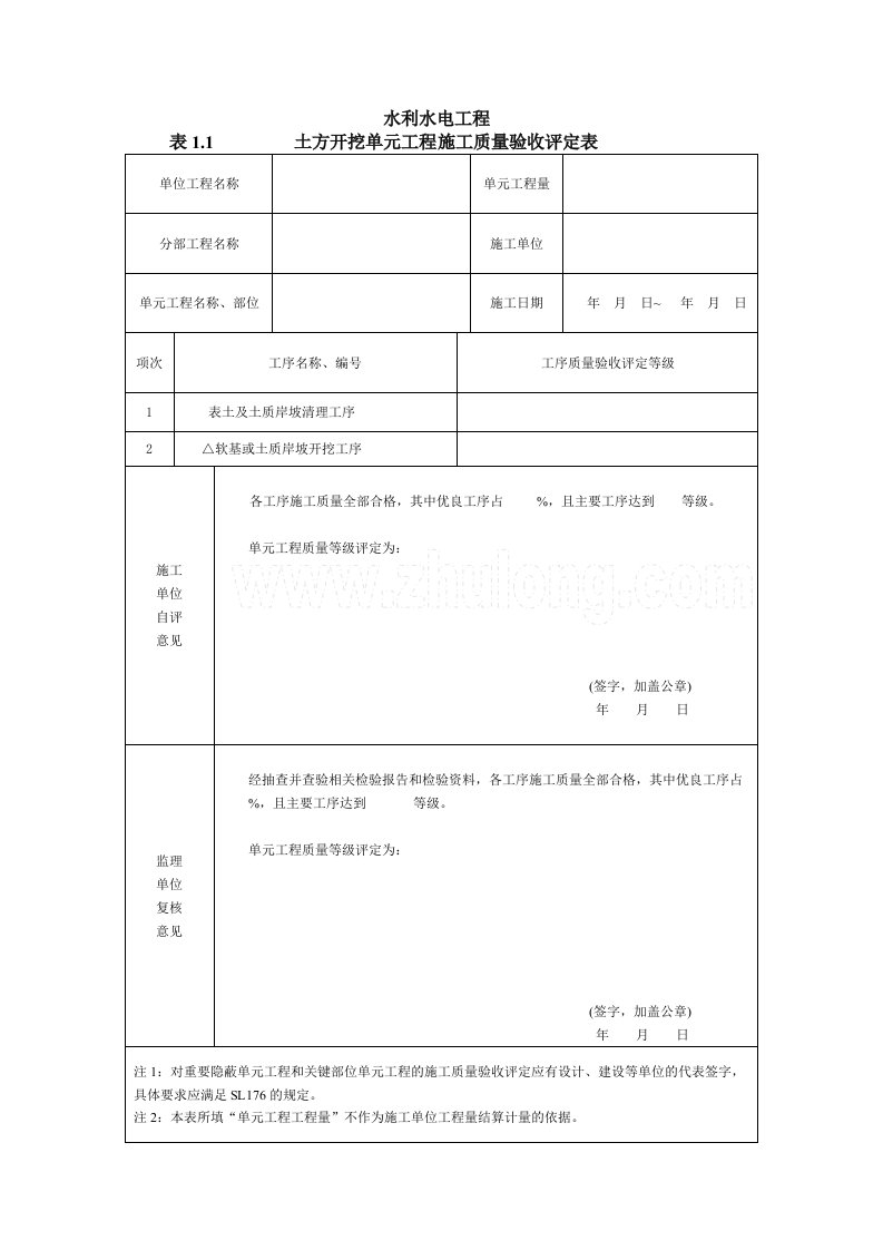 水利水电工程单元工程施工质量验收评定表