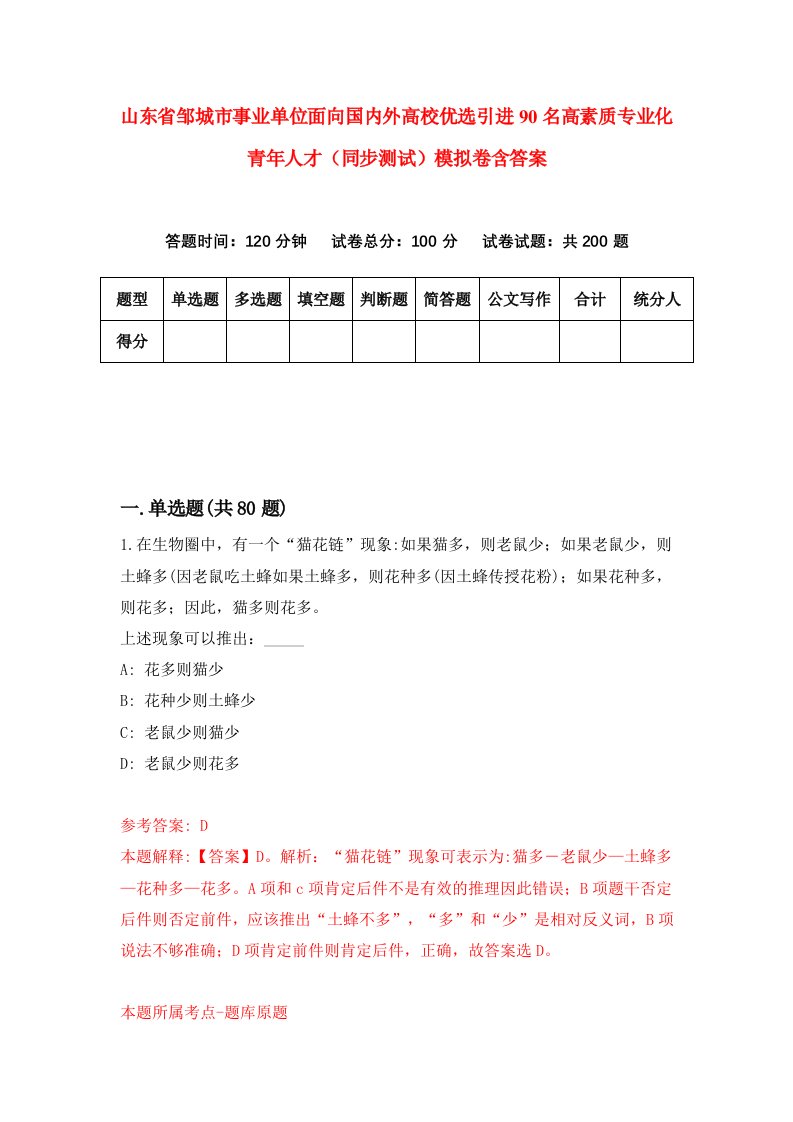 山东省邹城市事业单位面向国内外高校优选引进90名高素质专业化青年人才同步测试模拟卷含答案7