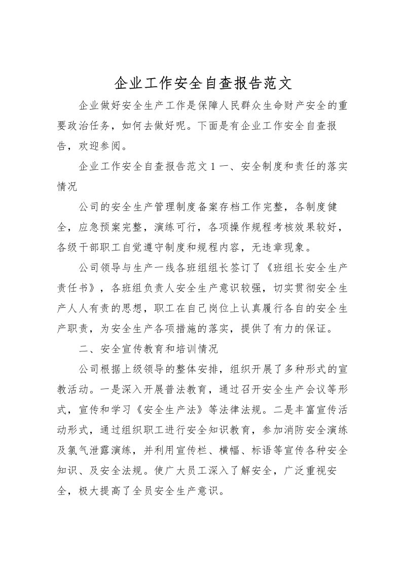 2022企业工作安全自查报告范文