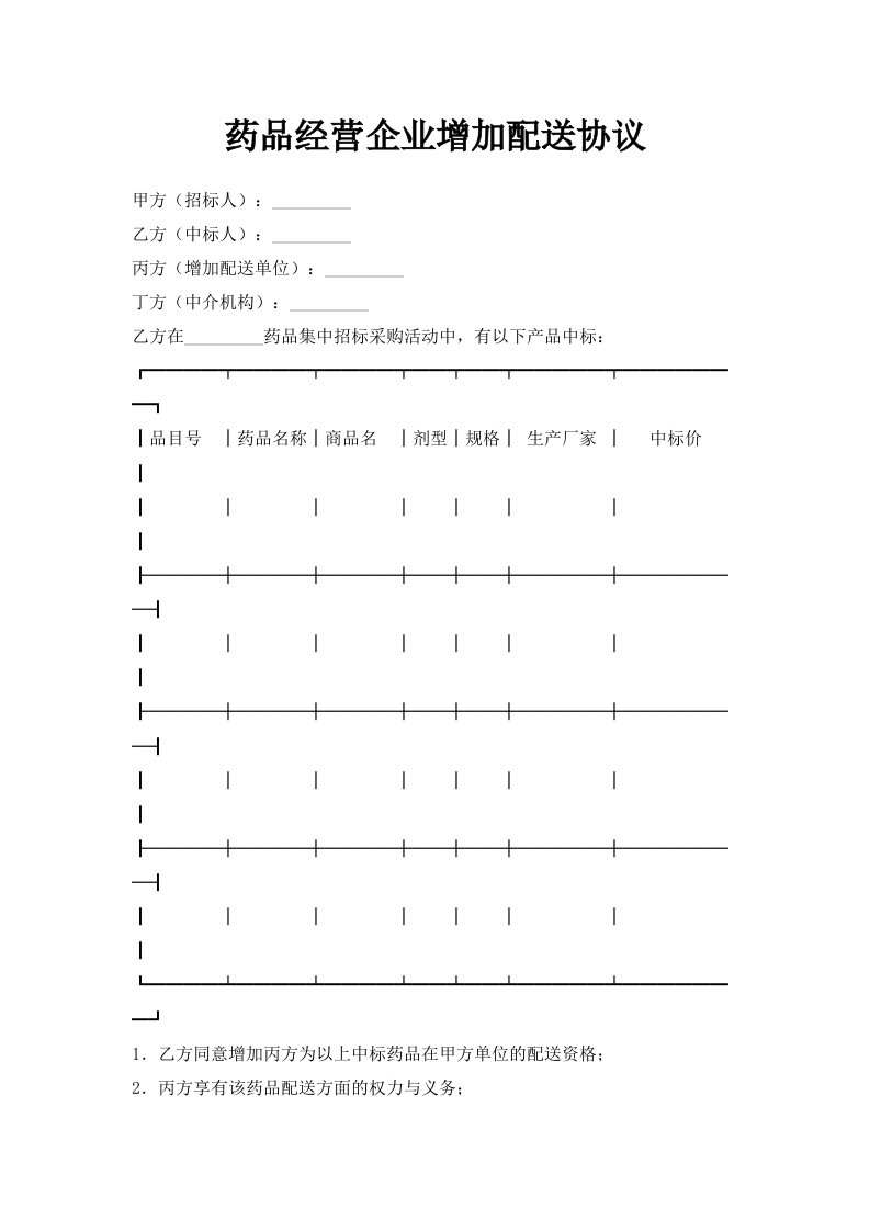 药品经营企业增加配送协议