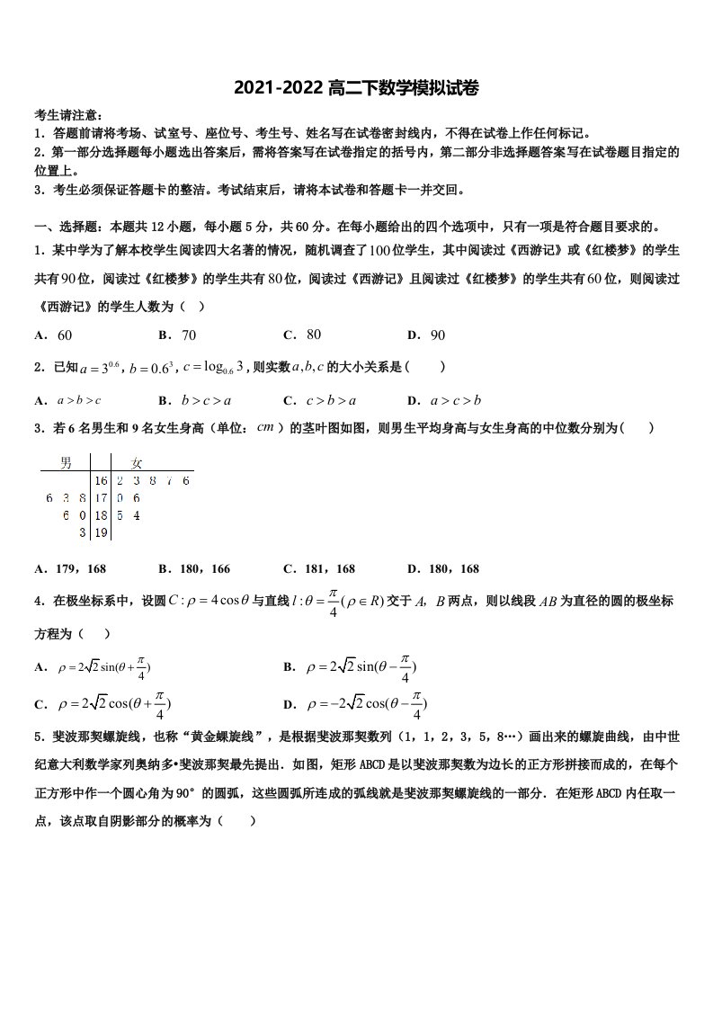 2022届山西省芮城市高二数学第二学期期末监测模拟试题含解析